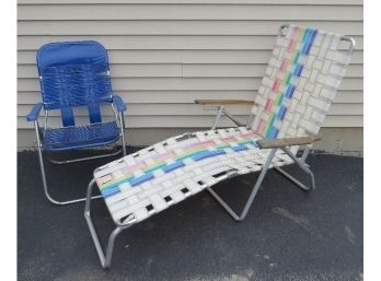 A Trio Of Vintage Outdoor Chairs - Aluminum Chaise, Beach Chair & Deck Chair.