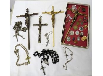 Large Lot Of Religious Artifacts, Crosses, Pendants, Medals, Rosaries & More