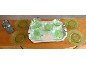 Mixed Lot Of Green Depression Glass W/beautiful & Large Hammered Aluminum Continental Tray & 1 Fruit Jar