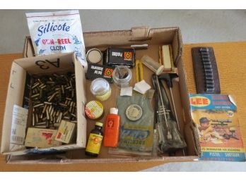 Reloading & Gun Cleaning Lot - .22 Rods, Spent Brass, Brushes, Patches, Shell Carriers & More