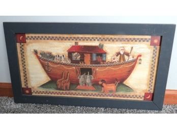 Folk Art Framed Noah's Ark Print In Blue Country Color Frame