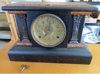Victorian Era Ansonia Faux Marble Mantle Clock W/Lions Head Sides