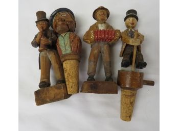 Group Of 4 Carved Folk Art Figures - Two Mechanical Bottle Stoppers And Two Hobo Musicians - Great Work