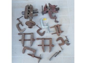 Mixed Lot Of Vintage C-Clamps & Two Small Bench Vise