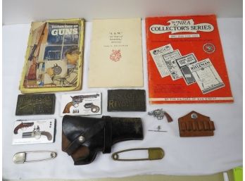 Firearms Lot - Vintage Ephemera, Tools, Holster, Winchester 1897 Tie Tack, Tiles, Belt Buckles,etc...