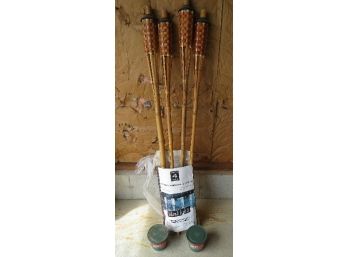 4 Bamboo Tiki Torches & 2 'Off' Brand Citronella Buckets