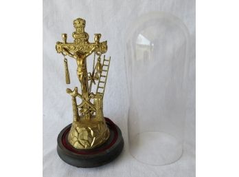 Original Arma Christi Or 'Weapons Of Christ' Complete Brass Crucifixion Display Under Domed Glass - Rare!