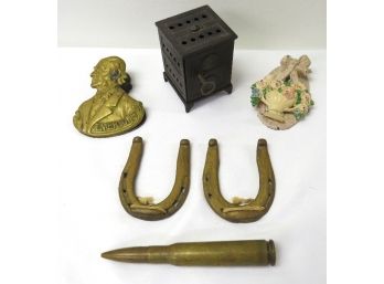 Interesting Cast Iron & Brass Collector Lot - 19th C. Iron Bank, Good Luck Horseshoes, .50 Cal Shell, Etc.