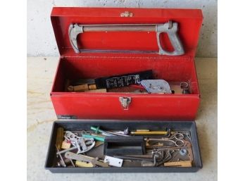Metal Tool Box With Various Hand Tools - Hacksaws, Files & More