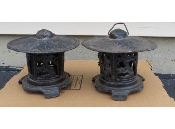 A Pair Of Cast Iron Outdoor/Indoor Pagoda Style Candle Pots, Incense, Citronella