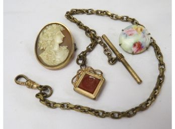3pc Lot Victorian Era Jewelry - Gold Filled Intricately Cut Cameo, Hand Painted Porcelain Brooch & Watch Chain