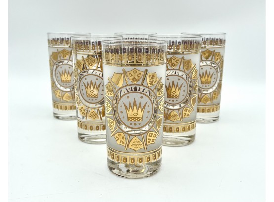 Set Of 6 Mid Century Gold Crown And Shield Highball Glasses