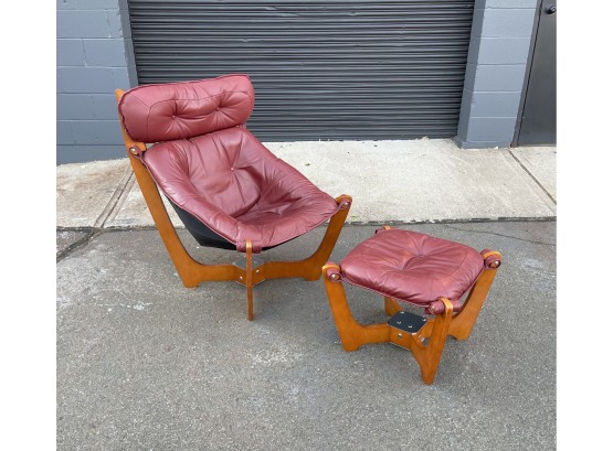 Odd Knutsen Red Leather Luna High Back Chair And Ottoman By IMG Norway