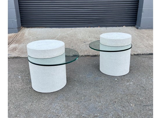 Pair Of Vintage Faux Concrete Plaster And Cantilever Glass Side Tables