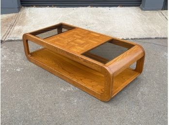 Vintage Oak And Smoked Glass Coffee Table With Parquet Top