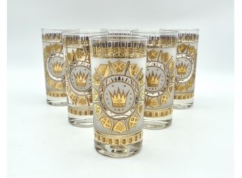 Set Of 6 Mid Century Gold Crown And Shield Highball Glasses