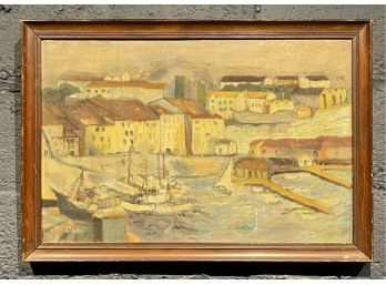 Vintage Abstract Harbor Scene Oil On Canvas Attached To Panel