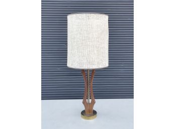 Mid Century Sculptural Wood Table Lamp With Original Shade