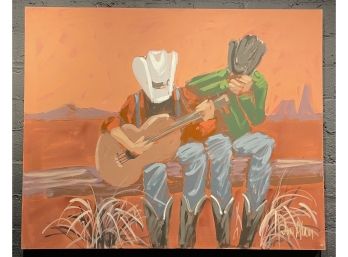 Large Vintage Abstract Western Painting On Canvas Titled Sky Ranch By Jon Alan