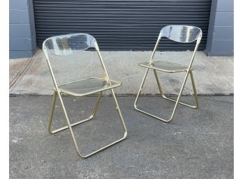Pair Of Vintage Brass And Acrylic Folding Chairs By Brevetatto