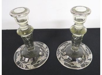 Sterling Silver Acorn's & Oak Leaves Applique Mid-Century Candle Sticks - Nice Pair