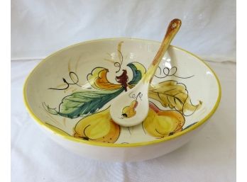 Large Hand Painted Ceramic Bowl  With Spoon - Italy