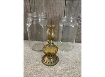 Vintage Miniature Oil Lamp And Two Mason Jars