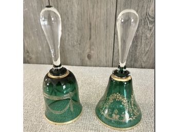 2 Emerald Green & Gold Colored Bells