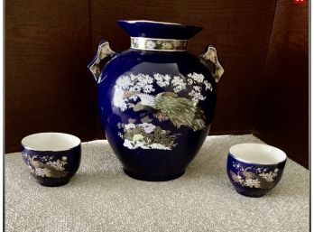 Gorgeous Japanese Style Cobalt Blue Vase And 2 Cups