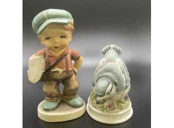 Pair Of Ceramic Figurines, Newsboy & Blue Jay