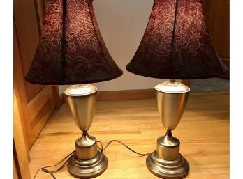 Deep Red & Beige Tapestry Brass Lamps
