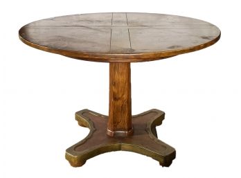 A Fabulous Vintage Oak Brass Wrapped Pedestal Base Table By Henredon