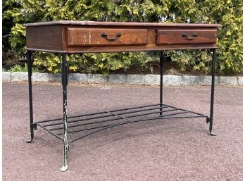 A Vintage Wood And Wrought Iron Console