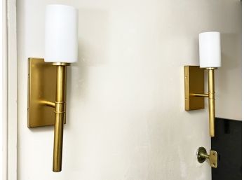 A Pair Of Modern Brass And Milk Glass Sconces