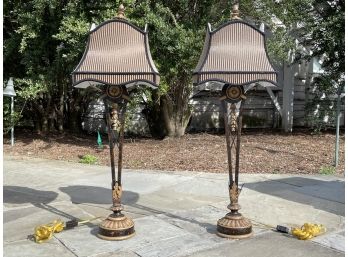 A Pair Of Neoclassical Style Lamps With Custom Silk Shades By Fine Art Lamps