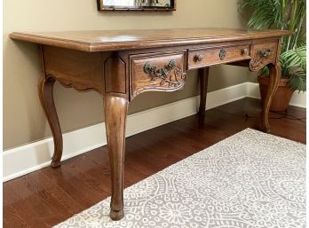 A Carved Oak French Provincial Desk With Parquetry Top By Thomasville Furniture