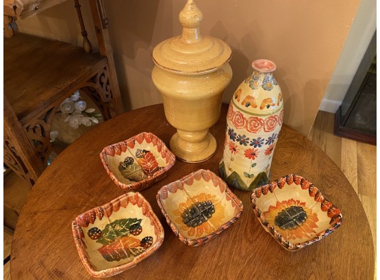 Gold Lidded Jar, Set Of 4 Bowls From Italy, & Handpainted Bottle From Italy