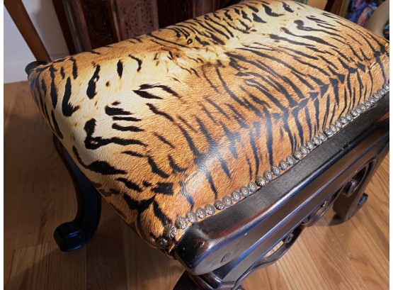 Zebra Fabric Bench With Nail Trim, Wood Legs And Metal Decorative Pieces