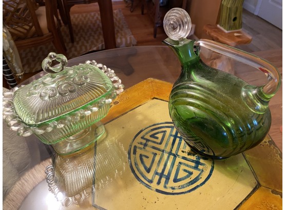 Indiana Glass Lidded Bowl And Green Glass Decanter