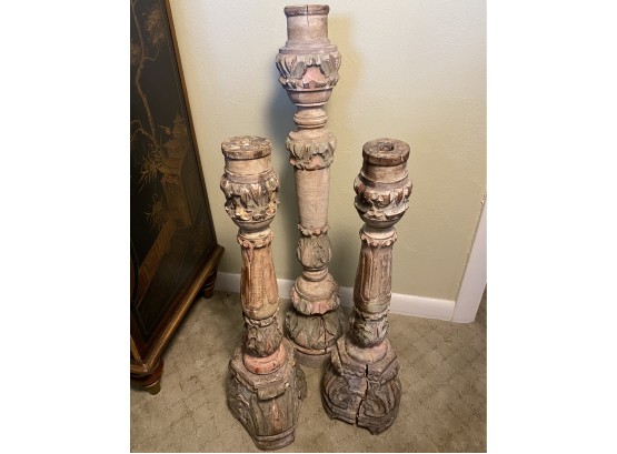 Set Of 3 Wood Carved Pillars