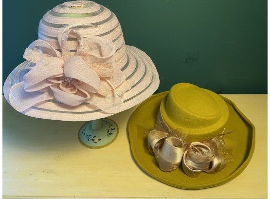 Vintage Gold Wool Felt Hat & Pink Striped Hat With Pink Ribbon And Feather