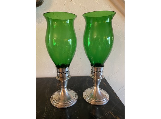Pair Gorham Sterling Silver Candleholders With Green Glass Chimneys
