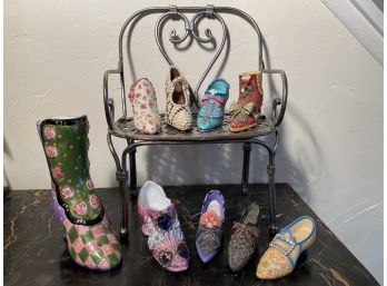 Metal Miniature Bench And Collection Of Miniature Shoes