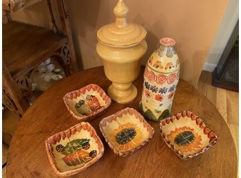 Gold Lidded Jar, Set Of 4 Bowls From Italy, & Handpainted Bottle From Italy