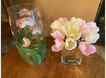 2 Pcs. Glass Handpainted Floral Vase And Mirrored Vase With Pink And White Tulips