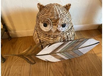 Woven Owl Storage Basket & Metal And Wood Leaf Placque