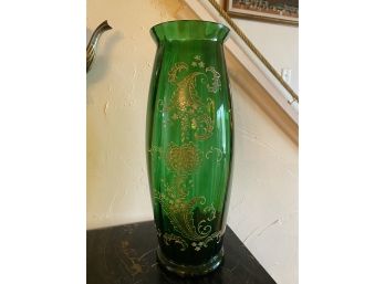 Large Handpainted Green Glass Vase