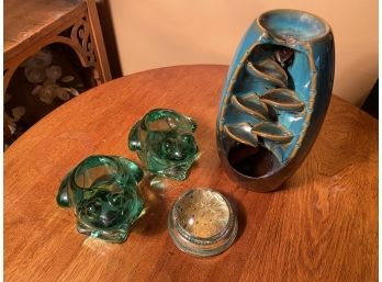 Green Glass Frog Votive Holders, Teal Insense Waterfall , And Gold & Green Paperweight