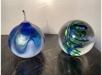 Blue Aromatherapy Oil Ball & Blue & Green Glass Swirl Paperweight
