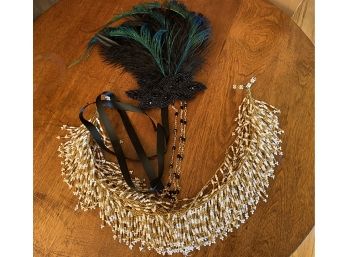 Multi Stranded Gold & White Beaded Necklace & Black Feather Headress